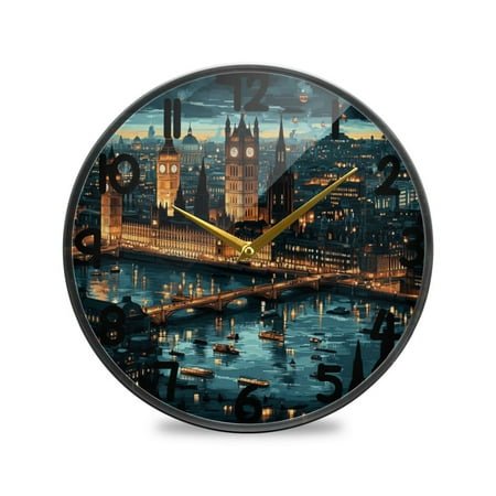 City Night View Round Acrylic Wall Clock Silent Battery Operated Home Decor for Living Room Bedroom