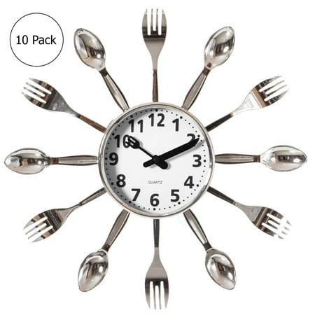 Clockswise Bulk Set of 10PC 14 Oversized Decorative 3D Cutlery Utensil Spoon and Fork Wall Clock, Silver Design for Vibrant Kitchen, Playroom, or Bedroom Decor, Battery-Operated Silent Sweep,