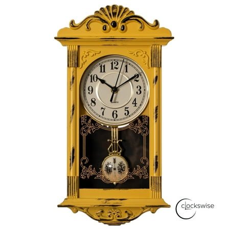 Clockswise Vintage Grandfather-Style Wall Clock with Wood-Effect Plastic Pendulum, Battery-Operated - for Home Decor, Living Room, Home Office, Kitchen or Dining Room – Yellow with Distressed Finish