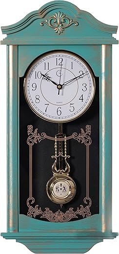 Clockswise Vintage Grandfather Wood-Looking Plastic Pendulum Decorative Battery Operated Wall Clock Brown, for Office or Home Decor - 23.7 H, Blue and Gold