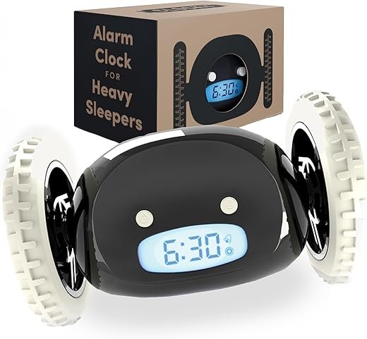 CLOCKY Extra Super Loud Alarm Clock for Heavy Sleepers Adults Kids Teens Bedroom, Move Jump Roll Run Away Easy to Set Smart Digital Alarm Clock on Wheels -Funny Gag Gift (Black)