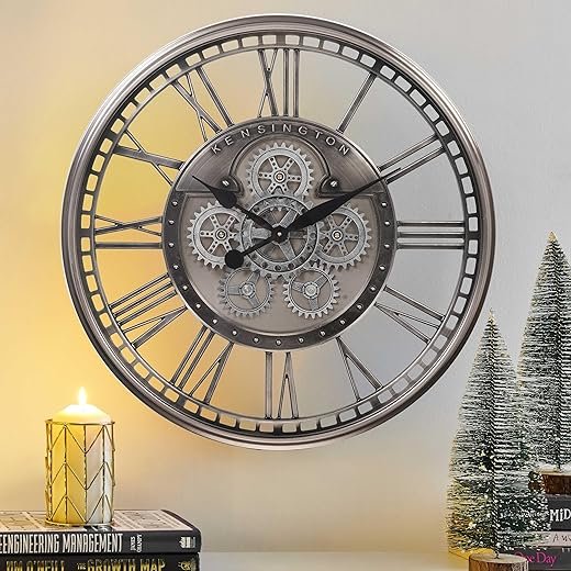 CLXEAST Original Real Moving Gear Wall Clock Roman Numerals,Oversized Large Wall Clocks for Modern Farmhouse Living Room Home Decor,Brushed Gunmetal (28 Inch)