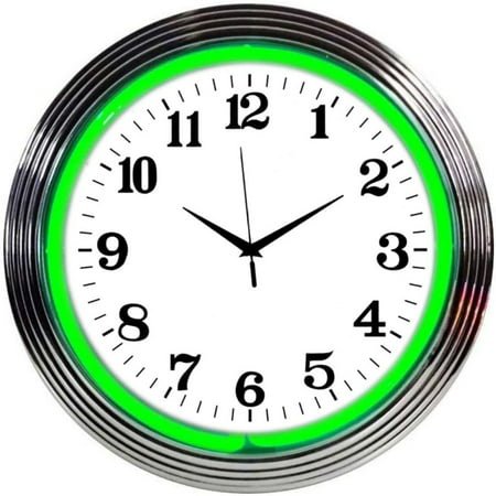 Codllyne Bar and Game Room Neon Alphanumeric Wall Clock with Green Neon and Chrome Rim, 15-Inch, Chrome rim with a single ring of green neon By Brand Codllyne