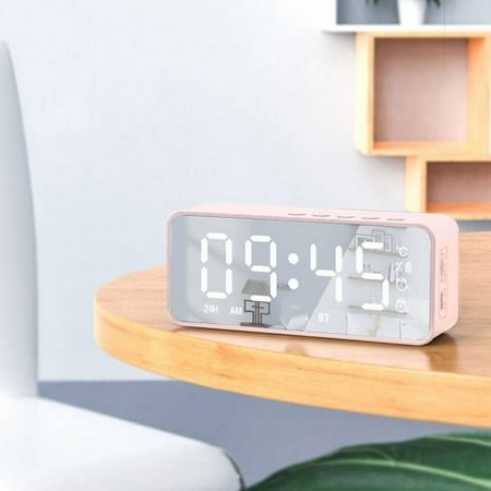 COFEST Digital Clock with Bluetooth Speaker Alarm Clock with Dual Alarms Mirror LED Display Bluetooth V5.0 TF Card Pink