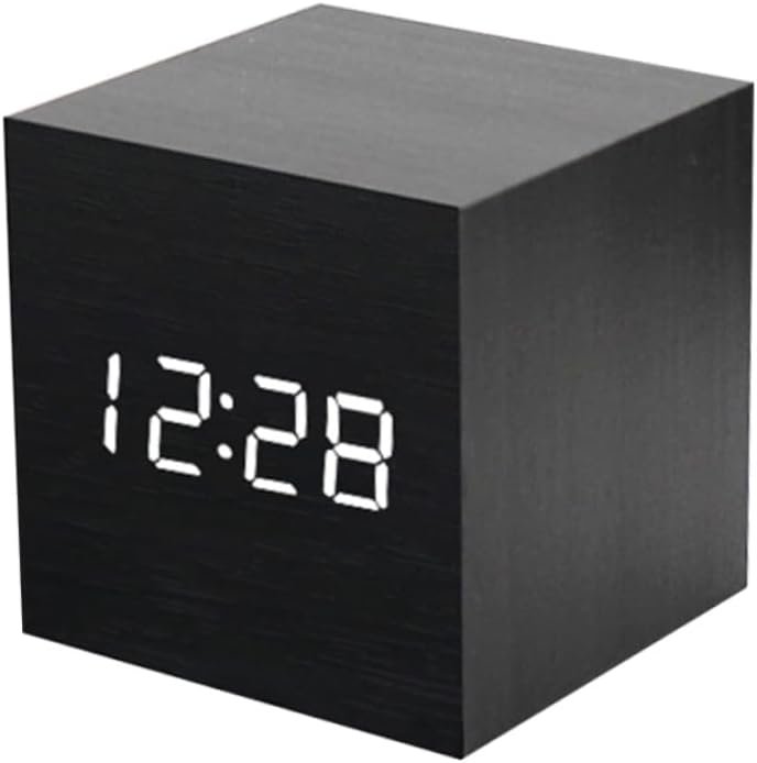 Creative USB Charging LED Wood Desk Clock Multifunctional Square Mini Alarm Clock with Acoustic Control Battery Design Black/White Light