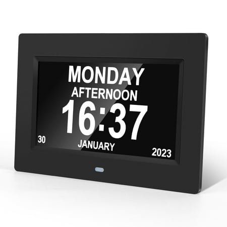 Crtynell Digital Day Calendar Clock Multifunctional Extra Large Dementia Digital Clock with 5 Alarms and Medication Reminders Impaired Vision Digital Clock (7 Black)