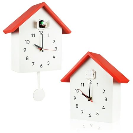 Cuckoo Clock Cuckoo Wall Clock, Natural Bird Voices Or Cuckoo Call, Design Clock Pendulum, with Timed Alarm Clock,Bird House, Wall Art Home Living Room Kitchen Office Decoration (Red&White)