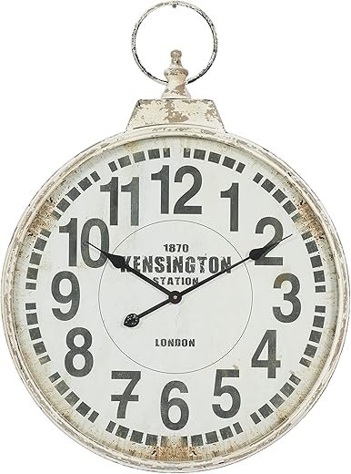 Deco 79 Metal Decorative Wall Clock Distressed Pocket Watch Inspired Wall Clock for Home with Black Accents, Wall Clock for Room 24" x 3" x 32", White