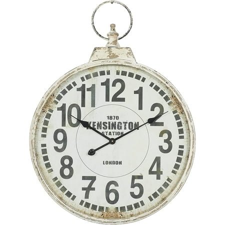 Deco 79 Metal Decorative Wall Clock Distressed Pocket Watch Inspired Wall Clock for Home with Black Accents, Wall Clock for Room 24 x 3 x 32, White