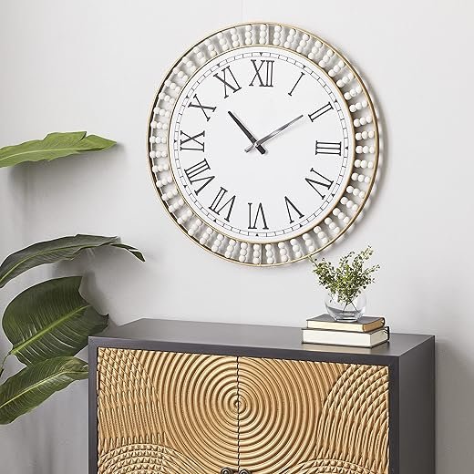 Deco 79 Wood Decorative Wall Clock Beaded Wall Clock for Home with Gold Metal Frame and Black Accents, Wall Clock for Room 24 x 2 x 24, White