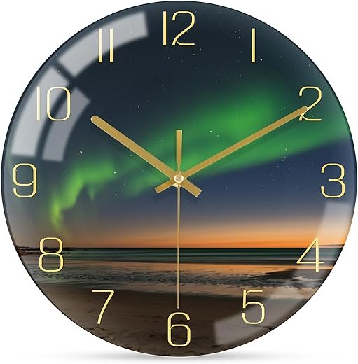 Decorative Borealis Wall Clock, Small 8 Inch Modern Nature Aurora Clocks, Silent Non Ticking Battery Operated Wall Clocks for Bathroom Living Room Bedroom Office Kitchen