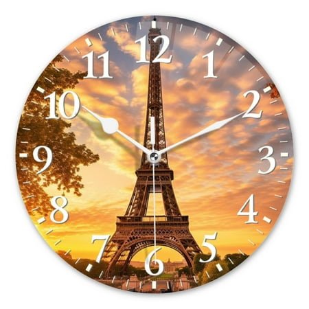 Decorative Round Wall Clocks Non-Ticking Silent Battery Operated Clocks with Photo for Bedroom,Living Room-Stunning View Of The Eiffel Tower At Sunrise(10inch)