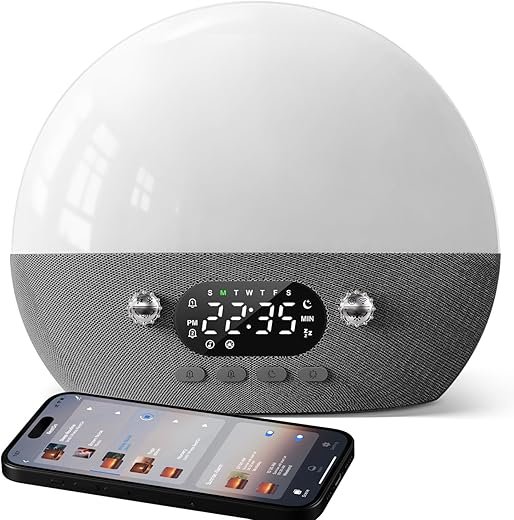 Dekala RestOnn Sunrise Alarm Clock 7-Day Programmable Dual Alarm Clock with Sunset White Noise Sound Machine Natural Sounds Amber Night Light, Bluetooth Speaker, 3000mAh Battery Backup, App Control