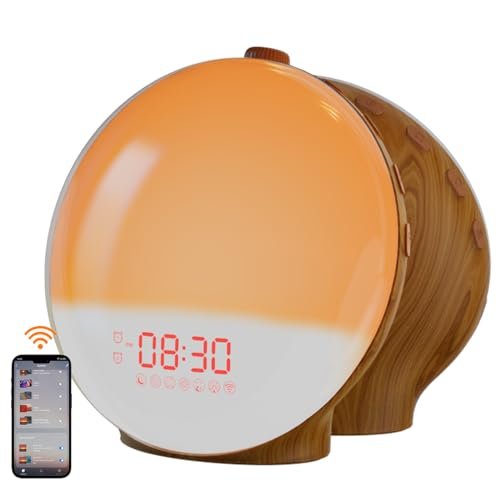 Dekala Sunrise Alarm Clock, Smart Wake Up Light, APP Control, Sunrise Sunset Simulation, Sleep Sound Machine, Dual Alarms, FM Radio, Natural Sounds, for Heavy Sleepers Adults, Ideal Gift, Wood Grain