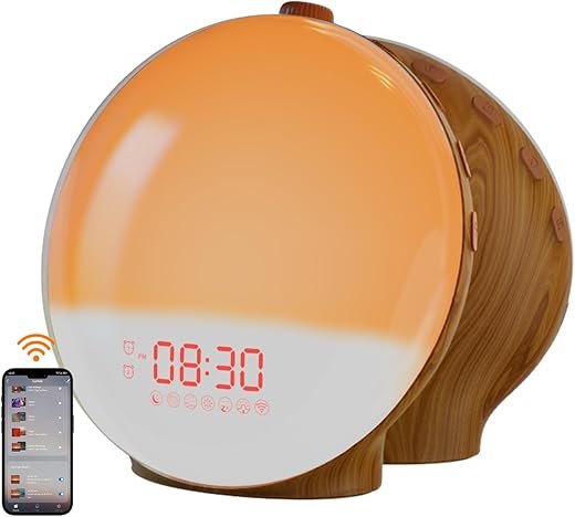 Dekala Sunrise Alarm Clock, Smart Wake Up Light, APP Control, Sunrise Sunset Simulation, Sleep Sound Machine, Dual Alarms, FM Radio, Natural Sounds, for Heavy Sleepers Adults, Ideal Gift, Wood Grain