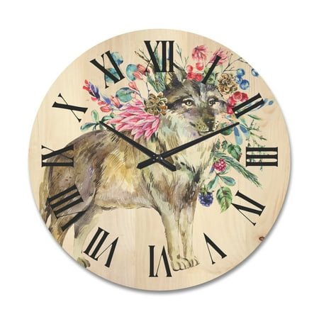 Designart 'Wolf With Woodland Flowers On White' Farmhouse Wood Wall Clock