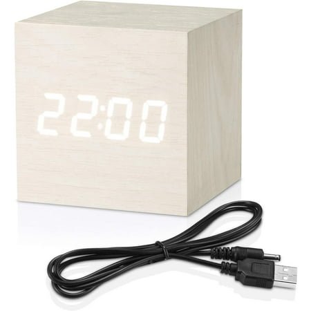 Digital Alarm Clock - Wood LED Light Mini Cube Desk Clock (White)