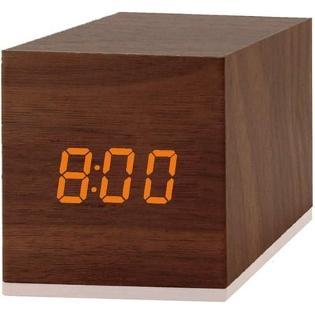 Digital Alarm Clock, with Wooden Electronic LED Time Display, 3 Alarm, 2.5-inch Cubic Small Mini Wood Made Electric Clocks for Bedroom, Bedside, Desk, Brown