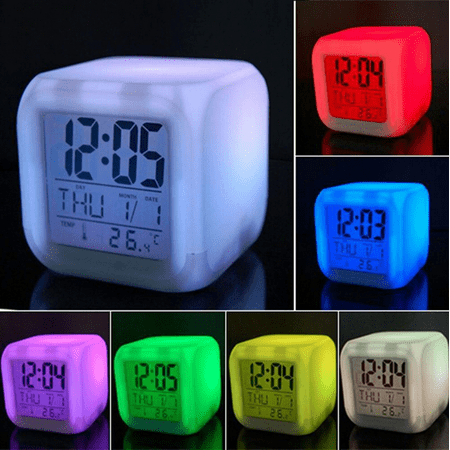 Digital Alarm Thermometer Night Glowing Cube 7 Colors Clock LED Change LCD for Bedroom Child