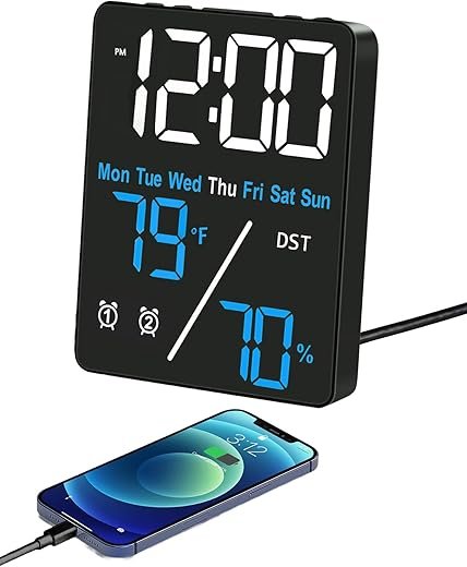 Digital LED Alarm Clock with Thermo-Hygrometer,Dual Alarms,Snooze,Date & Year Display,12/24 Hour Switch,Weekdays,DST,Auto Dimmable with 3 Brightness Levels,USB Output (5V1A) (White+Blue Digits)