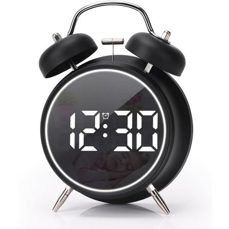 Digital Small Alarm Clock, 4.5 Inch Double Bell Electronic LED Alarm Clock, Plug in or Battery Operated Silent Metal Alarm Clock, Bedside Loud Alarm Clock for Heavy Sleepers Adults Kids