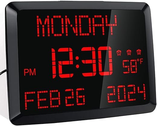 Digital Wall Clock, 11.5 Extra Large Display Calendar Alarm Day Clock with Date and of Week, Temperature,2 USB Chargers,3 Alarms, 5 Dimmer& 12/24Hr LED Desk for Office, Living Room, Bedroom, Elderly