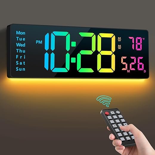 Digital Wall Clock 16, Wall Clocks with 11 RGB Colors, Alarm Clock with Night Lights, Large Digital Clock for Living Room Bedroom Office Classroom Decor, Auto DST, Temperature, Remote Control