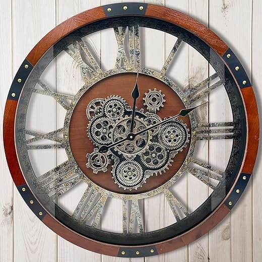 DORBOKER 27" Original Moving Gears Wall Clock, Large Industrial Wall Clock for Living Room Decor, Retro Metal Solid Wood Vintage Farmhouse Steampunk Rustic Clocks for Wall Decor,Black Walnut