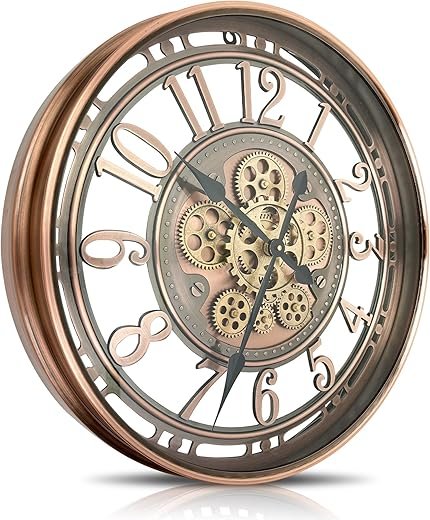 DORBOKER Real Moving Gears Wall Clock Large Modern Clocks for Living Room Decor, Industrial Steampunk Unique Vintage Rustic Decorative Clock for Home Farmhouse Office, 28 Inch,Red Copper Arabic