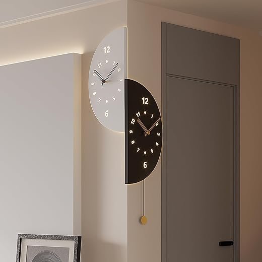 Double Sided Modern Wall Clock with Sensor Light Led Battery Operated Decorative Wall Clock with Pendulum Unique Lighted Clock Wall Mounted Angle Corner Clock for Bedroom Living Room Office17.7inch