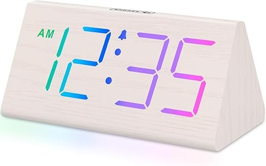 DreamSky Wooden Digital Alarm Clock for Bedroom - RGB Electric Desk Clock with Large Numbers, USB Port, Loud Alarm for Heavy Sleepers, Dimmer and Volume Control, Snooze, 12/24H, Wood Décor