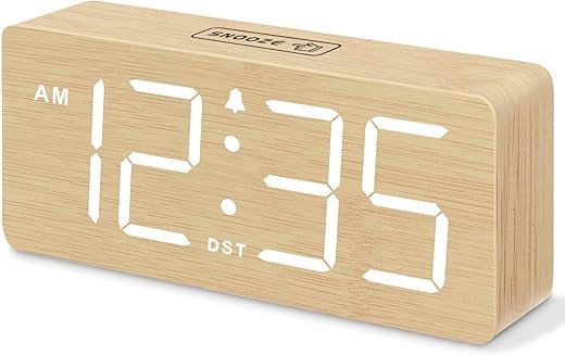 DreamSky Wooden Digital Alarm Clock for Bedroom - Wood Desk Clocks for Living Room with Large Numbers, Dimmer, USB Port, Loud Alarm for Heavy Sleepers with Volume Control, DST