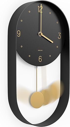 Driini Modern Pendulum Wall Clock - Decorative and Unique Metal Frame, with 8 Inch Face - Contemporary, Minimalist Design, with Silent Battery Operation - Includes Both Black and Gold Pendelum