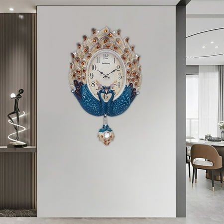 Elegant 37cm Quartz Wall-mounted Pendulum Indoor Clock with AA Batteries, Teal Peacock Design