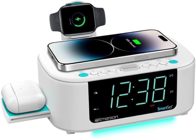 Emerson CKSW5010 Smartset Wireless Charging, Dual Alarm FM Clock, Bluetooth Radio/Speaker, 15W for Ultra-Fast Charging, 3W Retractable Port for Air Pods, White