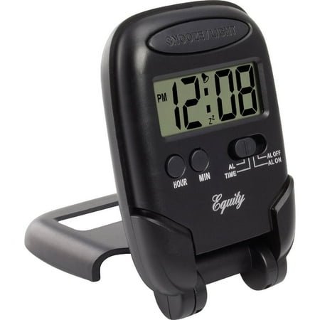 Equity LCD Fold-Up Travel Alarm Clock with Blue Backlight, 3.85L x 2.50W x 4.00H, Black