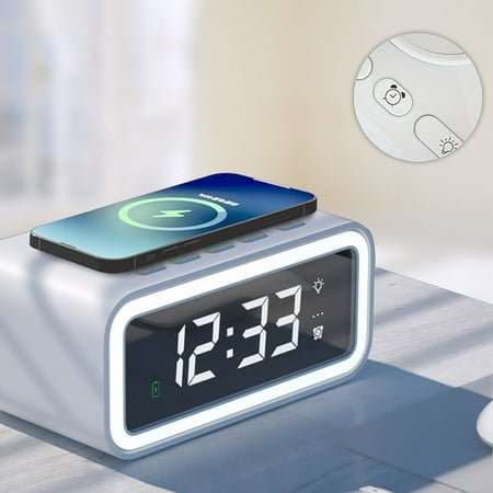 EQWLJWE Wireless Charging Digital Alarm Clock, 15W Fast Wireless Charger Alarm for Smart Phone, Dimmable LED Display, Snooze Mode, Temperature Detect, Sleep Timer for Bedroom, Bedside, Office, Table