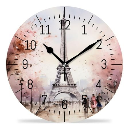 erolrail Rustic Wall Clock,Silent Non Ticking Wall Clocks for Living Room,Bedroom,Kitchen 12IN Eiffel Tower Pink Paris Cute Design