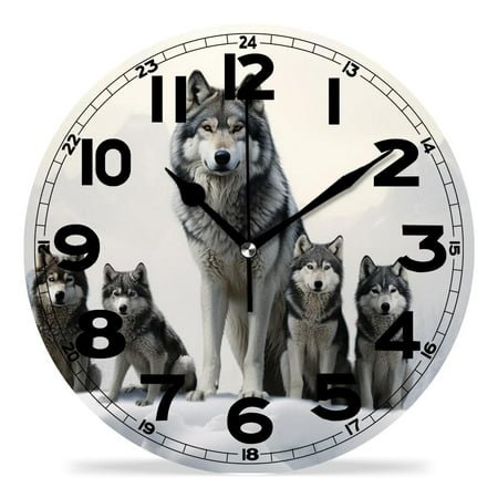 erolrail Rustic Wall Clock,Silent Non Ticking Wall Clocks for Living Room,Bedroom,Kitchen 12IN Winter Wolf Family 3D Forest Animals Art