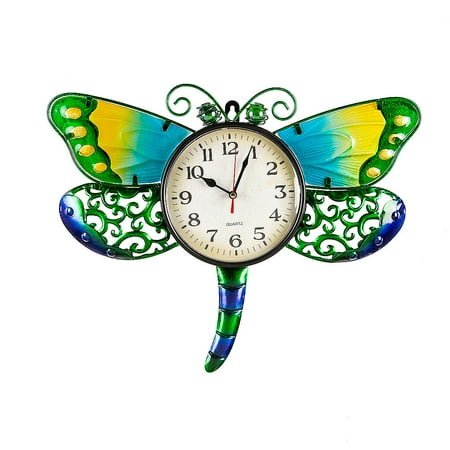 Evergreen Metal and Glass Shaped Wall Clock, Dragonfly- 12.75 x 16.5 Inches Fade and Weather Resistant Outdoor Decor for Homes, Yards and Gardens