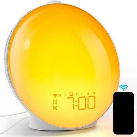 Fakrich Sunrise Alarm Clock Wake Up Light, Alarm Clock with Sunrise Simulation, 18 Colors Night Light, 7 Soothing Sounds, FM Radio, Dual Alarms, Loud Alarm Clock for Heavy Sleepers（Smart Edition）