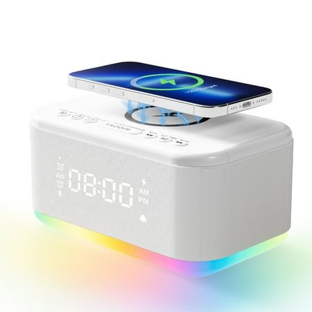 Fansbe Tech Vibrating Alarm Clock Speaker, Dimmable Digital Alarm Clocks Bedrooms Bluetooth (White)