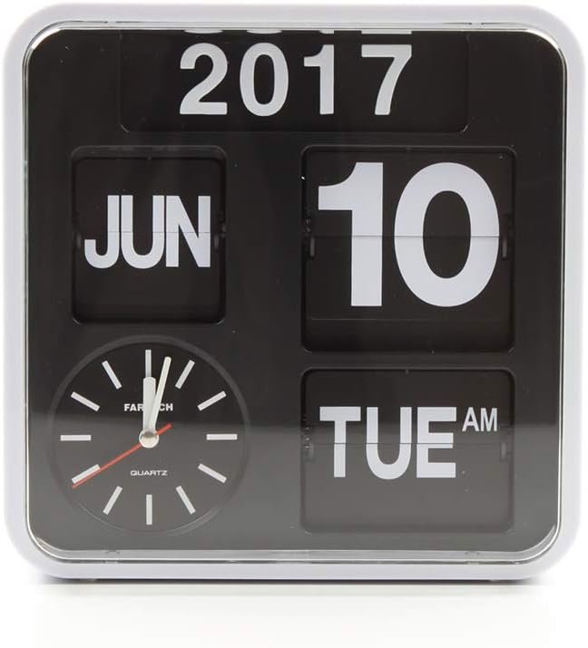 Fartech Retro Modern 9.5 Inches Calendar Day Date Flip Desk Wall Clock (White)