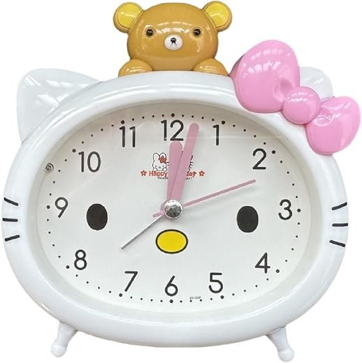 FEERY Kawaii Alarm Clock，Cartoon Cat Clock，Cute Clock，Cat Alarm Clock with Bear Topper, White Face Clock, Pink Bow Alarm Clock, Analog Display Alarm Clock