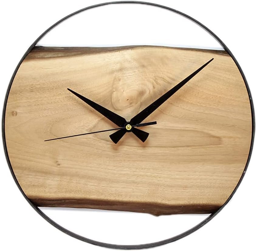 Frenask Solid Wood Wall Clock - 14 Inches Handcrafted Wallclock from Natural Wood with Metal Ring - Unique, Silent, and Non-Ticking - 1.2 Inches in Thick Solid Wood Plate for Living Room