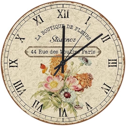 French Vintage Flower Wall Clock Shabby Chic Rose Wooden Wall Clock 10in Silent & Non-Ticking Battery Operated Nature Floral Home Accessories for Farmhouse Kitchen Living Room Homeschool Cafe