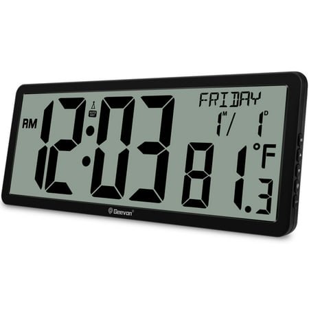 Geevon 14.3 Atomic Clock, Large Atomic Digital Wall Clock with Indoor Temperature, Date, 4.4 Jumbo Digits for Home Office, Living Room, Dining Room (Black)