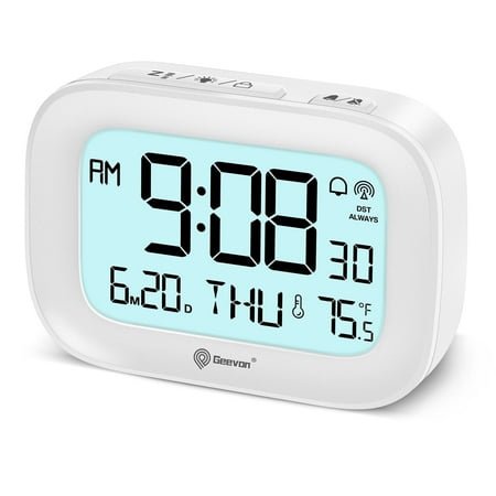 Geevon Small Digital Atomic Alarm Clock for Bedroom Heavy Sleepers, Mini Travel Alarm Clock with 10s Backlight, 12/24H, Temp, Suitable for Kids Teens Adult Boy Girl(White)