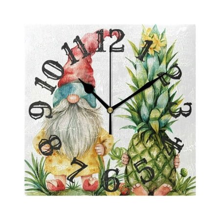 Gnome Pineapple Wall Clock Square Silent Non Ticking Battery Operated Clock for Home Bathroom Kitchen Bedroom Living Room