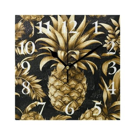 Golden Pineapple Leaves Square Wall Clock Battery Operated Easily Read Black Pointer Home Decor for Living Room Bedroom 7.78 x 7.78